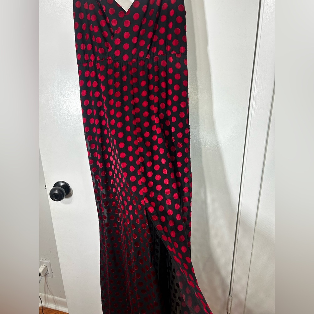 Lovers + Friends Angel Maxi Wrap Polka Dot Wedding Guest Dress in Red Black Sz L - Picture 5 of 15